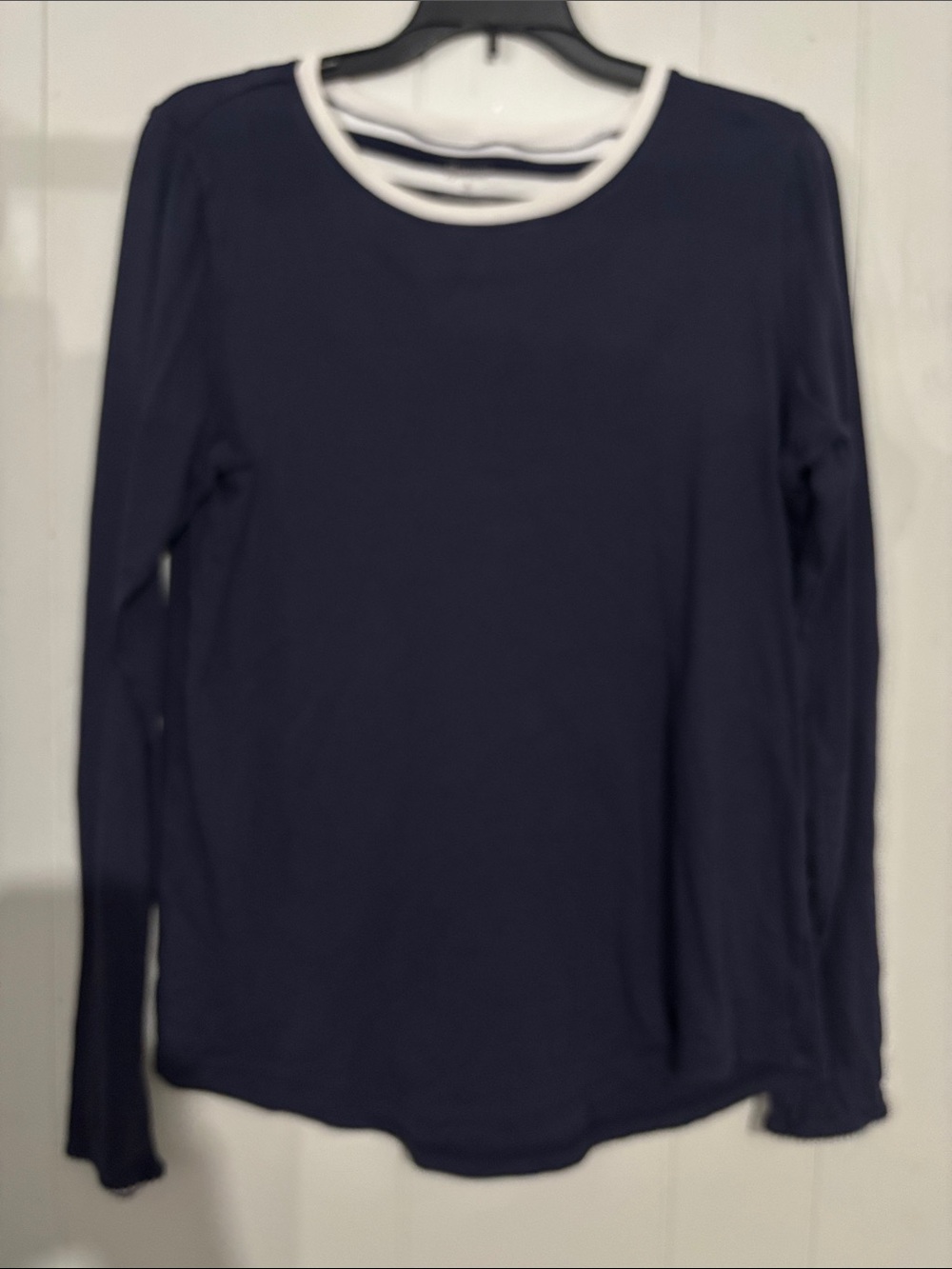 Jijames Pima Cotton Women’s Navy Long-Sleeve White Trim luxury pajama top.
